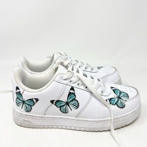 DRIP CREATIONZ WHITE SNEAKERS WITH BLUE BUTTERFLIES CUSTOM SZ Y4.5/W6